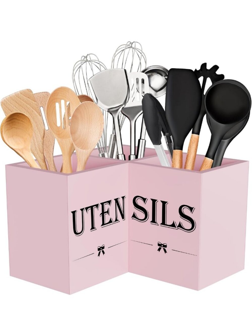Extra Large Pink Wooden Utensil Holder for Kitchen Countertop Organization